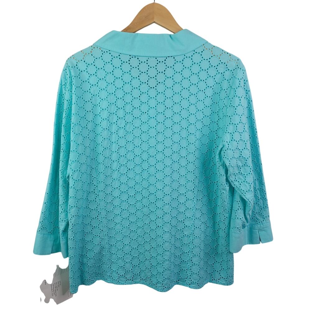Birch Hill Women Embroidered Eyelet Button Up Top XL Aqua Cotton Resort Beach - Picture 2 of 10